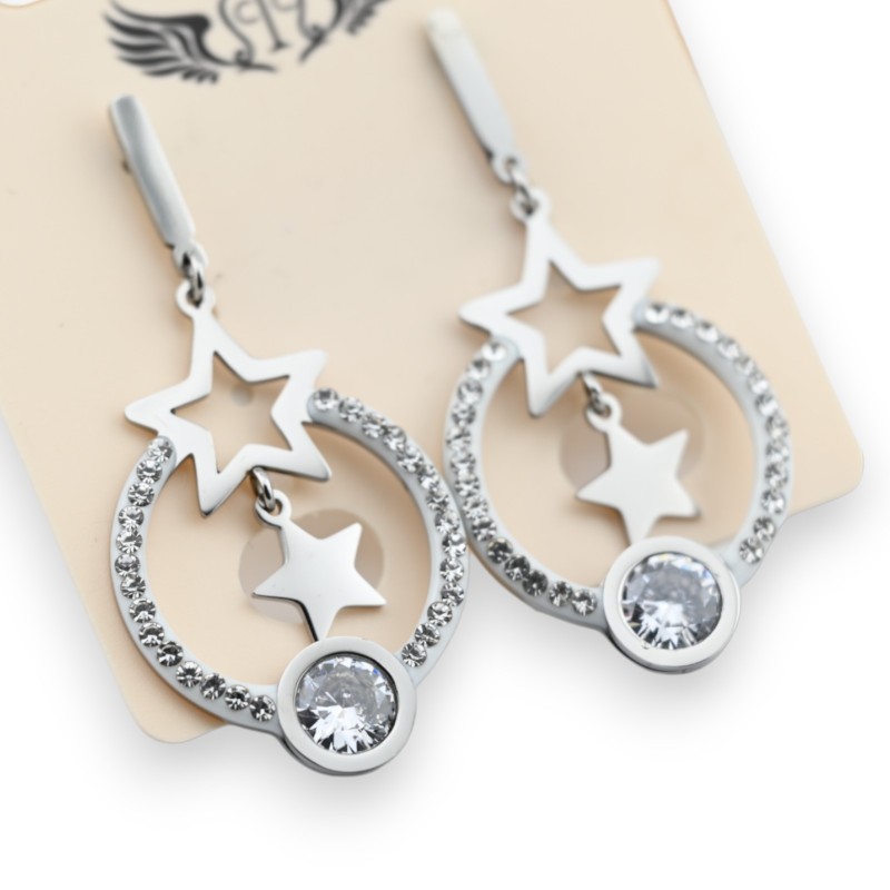 Boucle d'oreille acier argenté pendante double étoiles