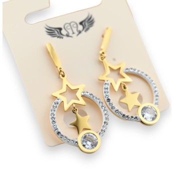 Boucle d'oreille acier doré pendante double étoiles
