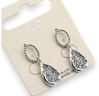 Boucle d'oreille acier argenté pendante goute d'eau brillante
