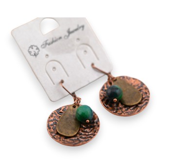Boucle d'oreille fantaisie ethnique cuivré pierre verte