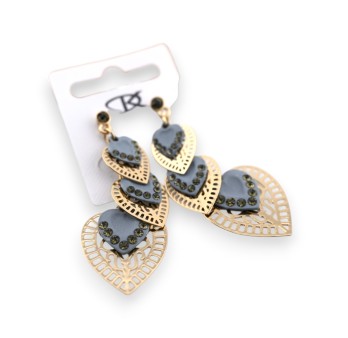 Boucle d'oreille fantaisie cascade coeurs gris et dorés