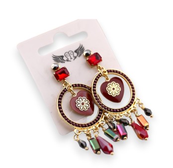 Boucle d'oreille fantaisie pendante dorée et coeur bordeau