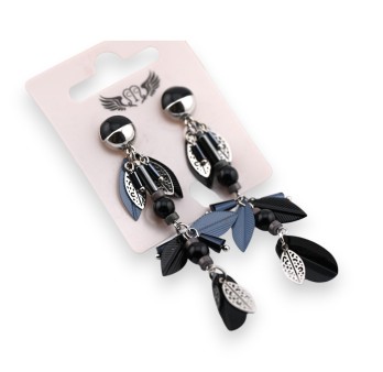Boucle d'oreille argenté noire et grise pendante feuilles