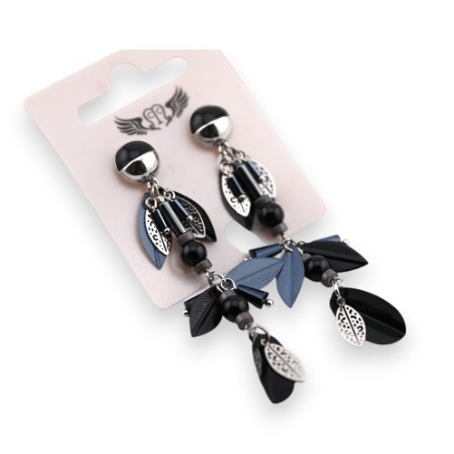 Boucle d'oreille argenté noire et grise pendante feuilles