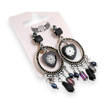 Boucle d'oreille fantaisie argentée et noire pendante coeur