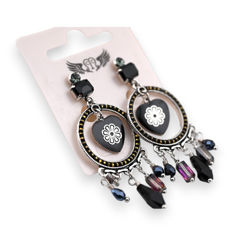 Boucle d'oreille fantaisie argentée et noire pendante coeur