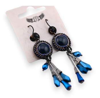 Boucle d'oreille fantaisie noire et bleue pendante