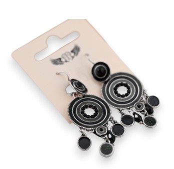 Boucle d'oreille argentée pendante noire et grise