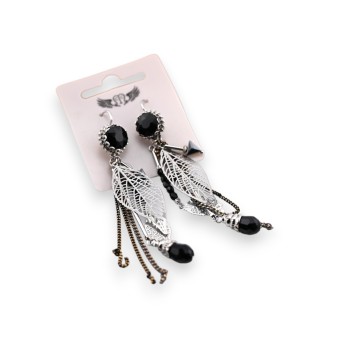 Boucle d'oreille argentée et noire pendante feuilles breloques