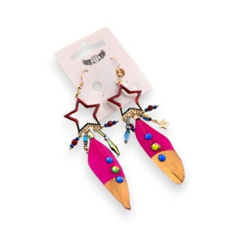 Boucle d'oreille fantaisie pendante plume fuchsia
