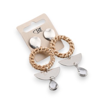 Boucle d'oreille fantaisie pendante argentée et osier géométrie
