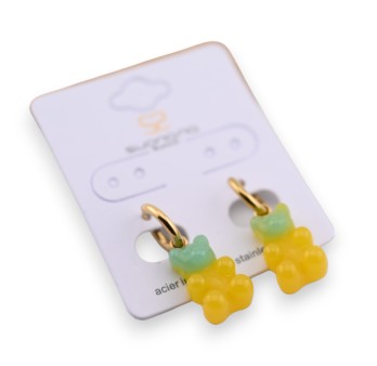 Boucle d'oreille acier doré nounours bonbon vert et jeune