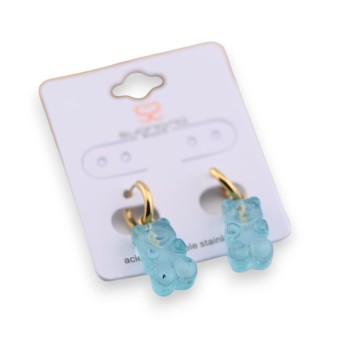 Boucle d'oreille acier nounours bonbon bleu ciel