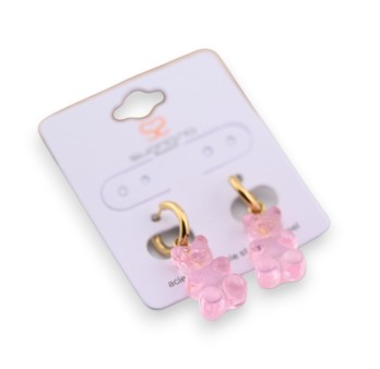 Boucle d'oreille acier nounours bonbon rose