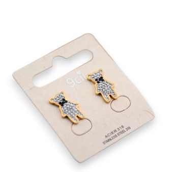 Boucle d'oreille acier doré nounours à strass