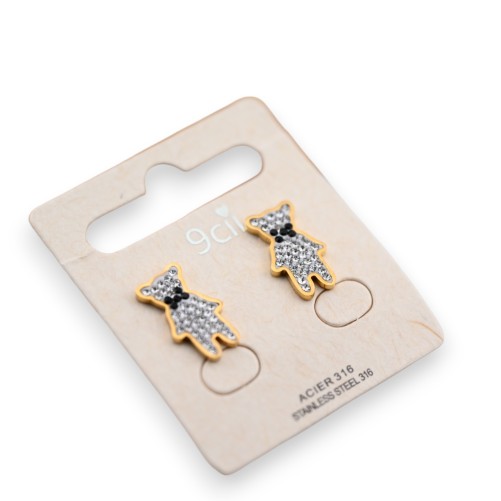 Boucle d'oreille acier doré nounours à strass
