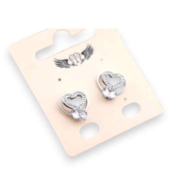 Boucle d'oreille acier argenté coeur 3D strass et pierres
