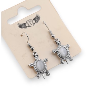 Boucle d'oreille fantaisie argentée tortue strass et pierre grise
