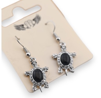 Boucle d'oreille fantaisie argentée tortue strass et pierre noire