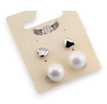 Boucle d'oreille fantaisie argentée coeur et perle écru