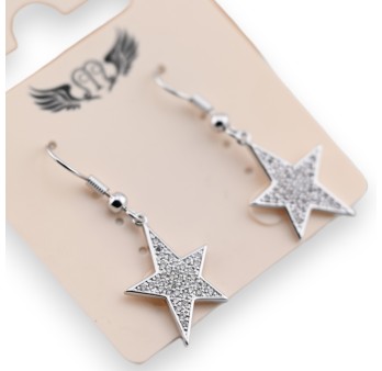 Boucle d'oreille fantaisie argentée étoile pendante strass