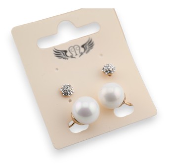 Boucle d'oreille fantaisie dorée perle écru et boule de strass