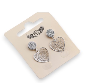 Boucle d'oreille fantaisie argentée pendante coeur effet dentelle