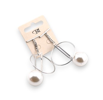 Boucle d'oreille fantaisie pendante grosse perle écru