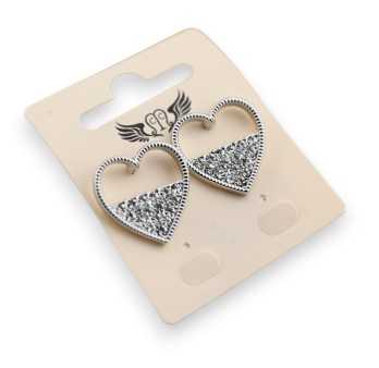 Boucle d'oreille fantaisie argentée coeur mi strass blanc