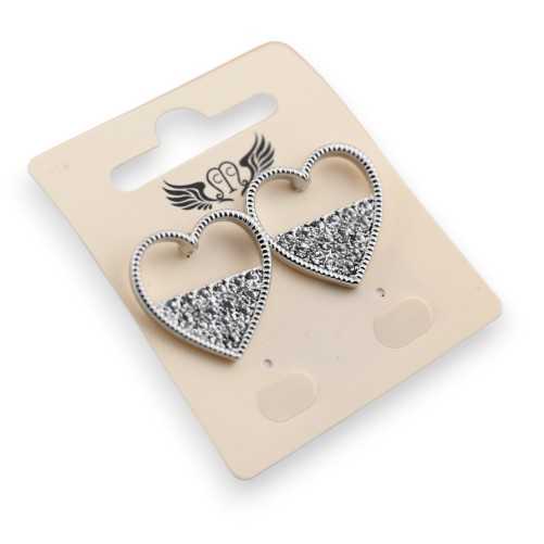 Boucle d'oreille fantaisie argentée coeur mi strass blanc