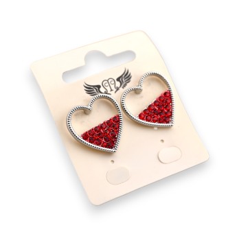 Boucle d'oreille fantaisie argenté coeur mi strass rouge