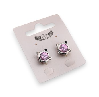 Boucle d'oreille fantaisie argentée chat rose