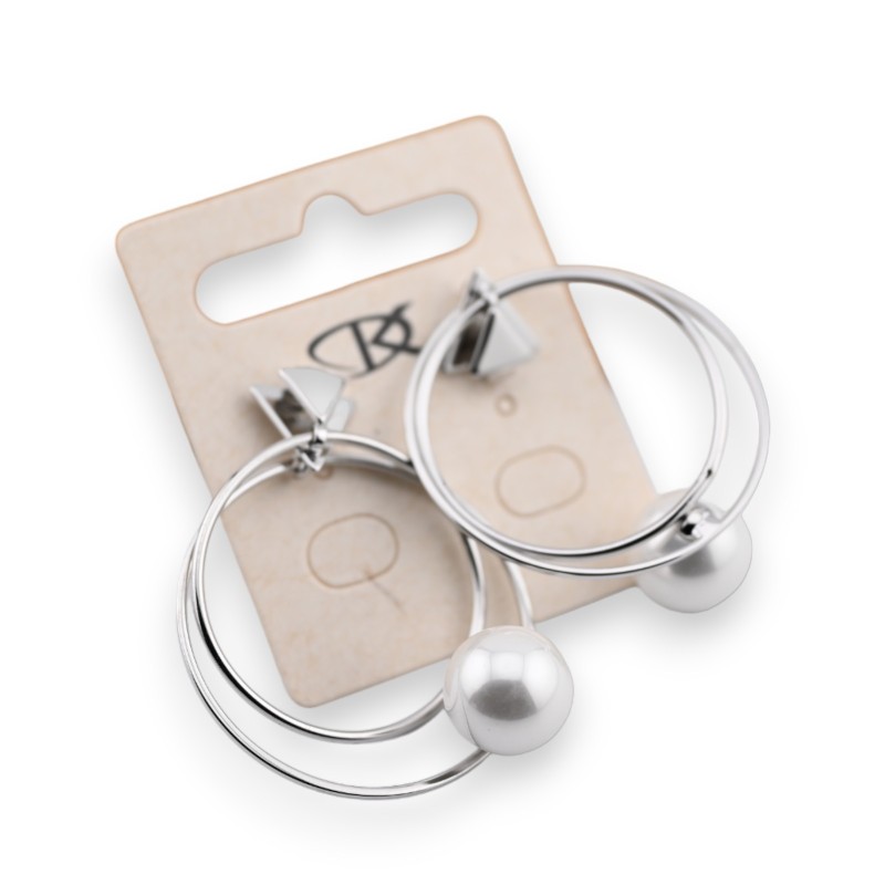 Boucle d'oreille double créole fantaisie argenté perle écru