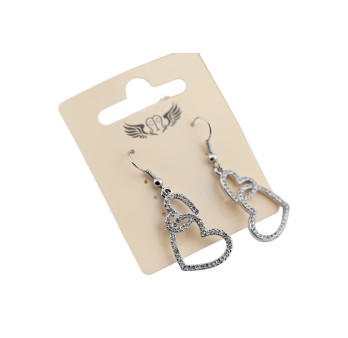 Boucle d'oreille fantaisie argentée pendante double coeur strass
