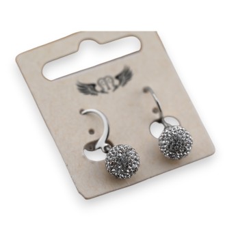 Boucle d'oreille acier argenté pendante boule strass