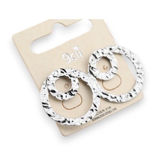 Boucle d'oreille acier argenté cercle martelé