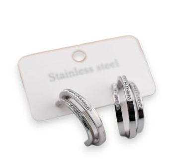 Boucle d'oreille acier argenté tripe demi créole strass
