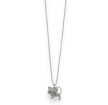 Collier fantaisie chaton strass argenté