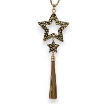 Collier fantaisie double étoiles dorées noires pompon métallisé