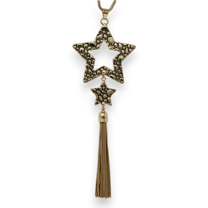 Collier fantaisie double étoiles dorées noires pompon métallisé