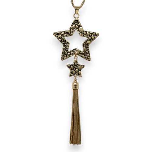 Collier fantaisie double étoiles dorées noires pompon métallisé