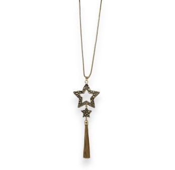 Collier fantaisie double étoiles dorées noires pompon métallisé