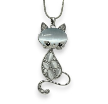 Collier fantaisie long argenté chat pierre grise