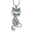 Collier fantaisie long argenté chat pierre grise