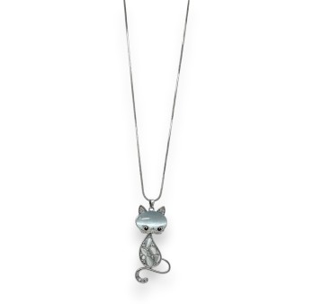 Collier fantaisie long argenté chat pierre grise