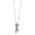 Collier fantaisie long argenté chat pierre grise