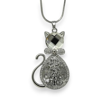 Collier fantaisie long argenté chat pierre et strass blanc