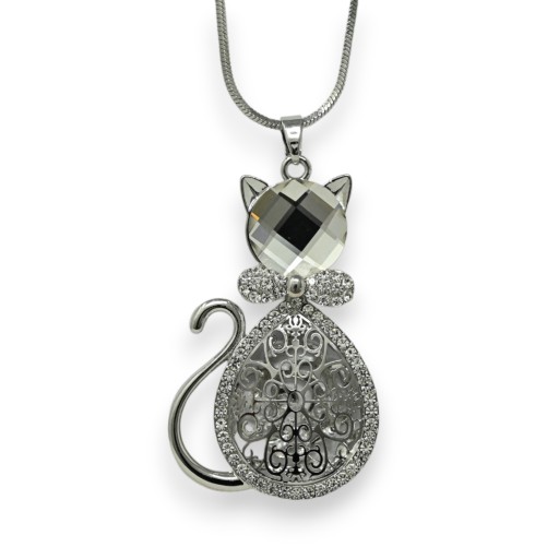 Collier fantaisie long argenté chat pierre et strass blanc