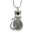 Collier fantaisie long argenté chat pierre et strass blanc
