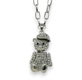 Collier fantaisie long argenté nounours casquette strass